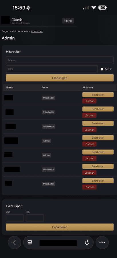 Timely Admin Export und Verwaltung
