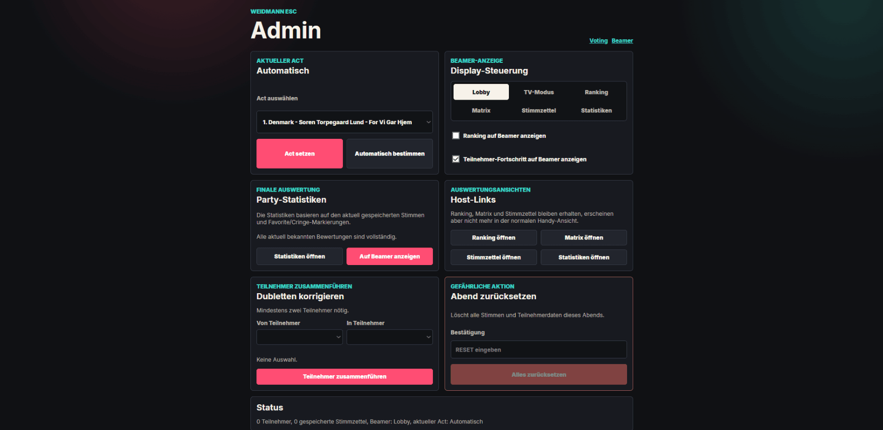 ESC Voting System Screenshot der Admin-Steuerung für Beamer und Teilnehmer