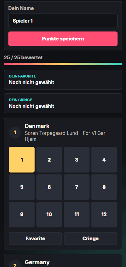 ESC Voting System Screenshot der mobilen Voting-Ansicht mit Punktefeld