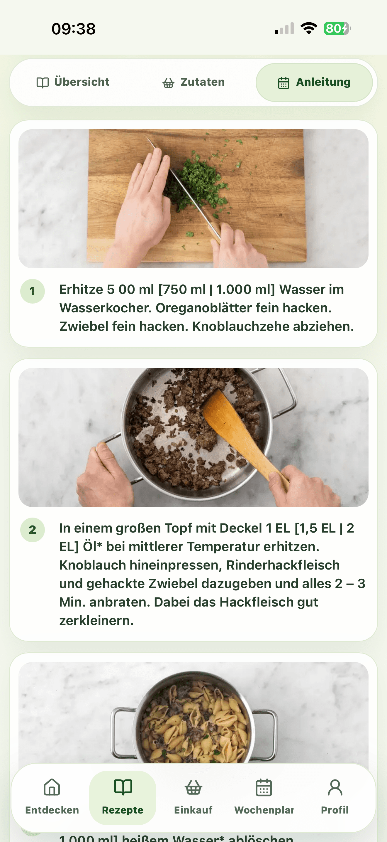 Mobile MealPilot Anleitung mit nummerierten Kochschritten und Bildern