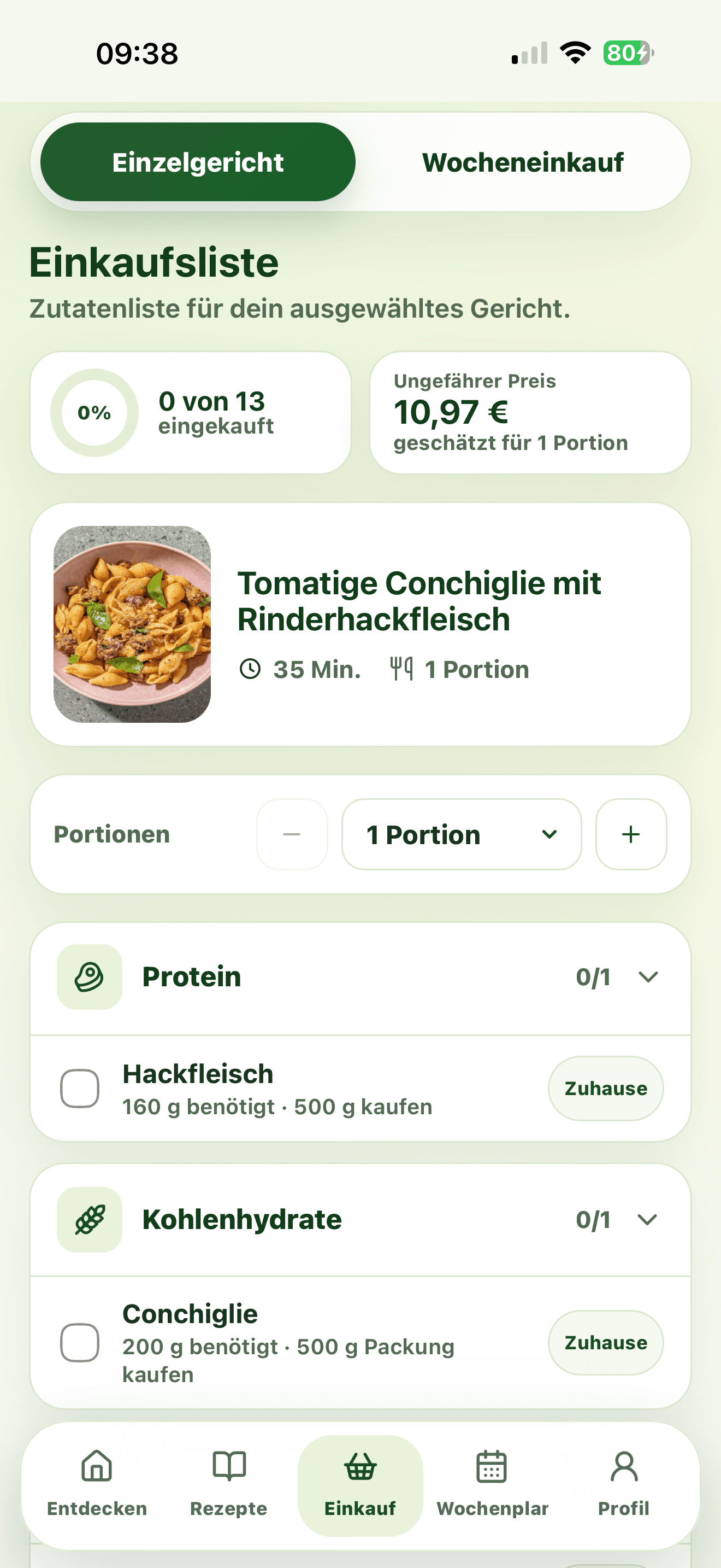 Mobile MealPilot Einkaufsliste mit Preis, Portionen und Zutatenkategorien