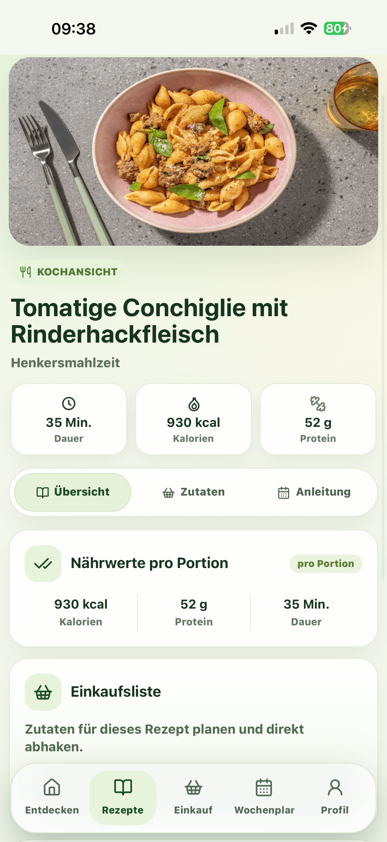 Mobile MealPilot Rezeptansicht mit Gericht, Nährwerten und Tabs