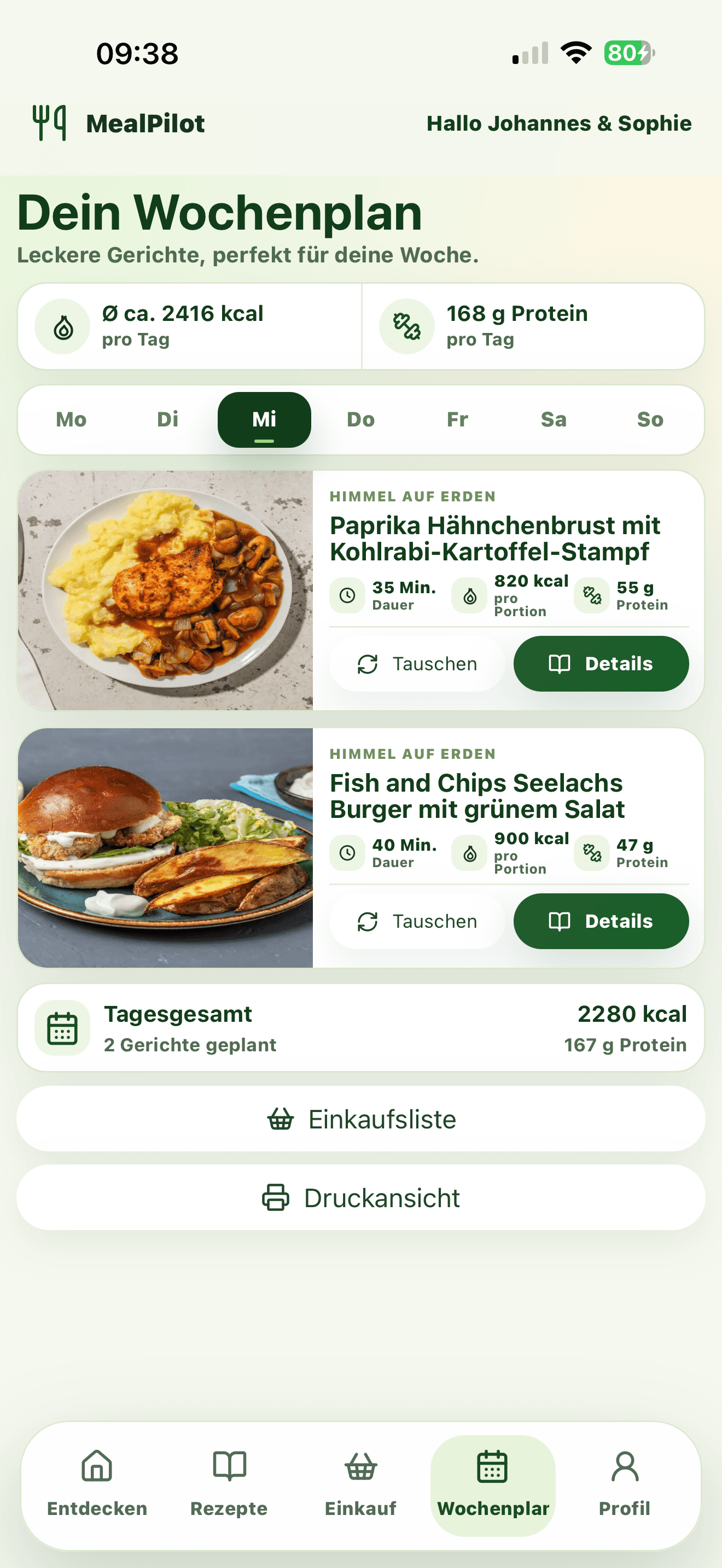 Mobile MealPilot Wochenplanung mit Gerichten und Tageswerten